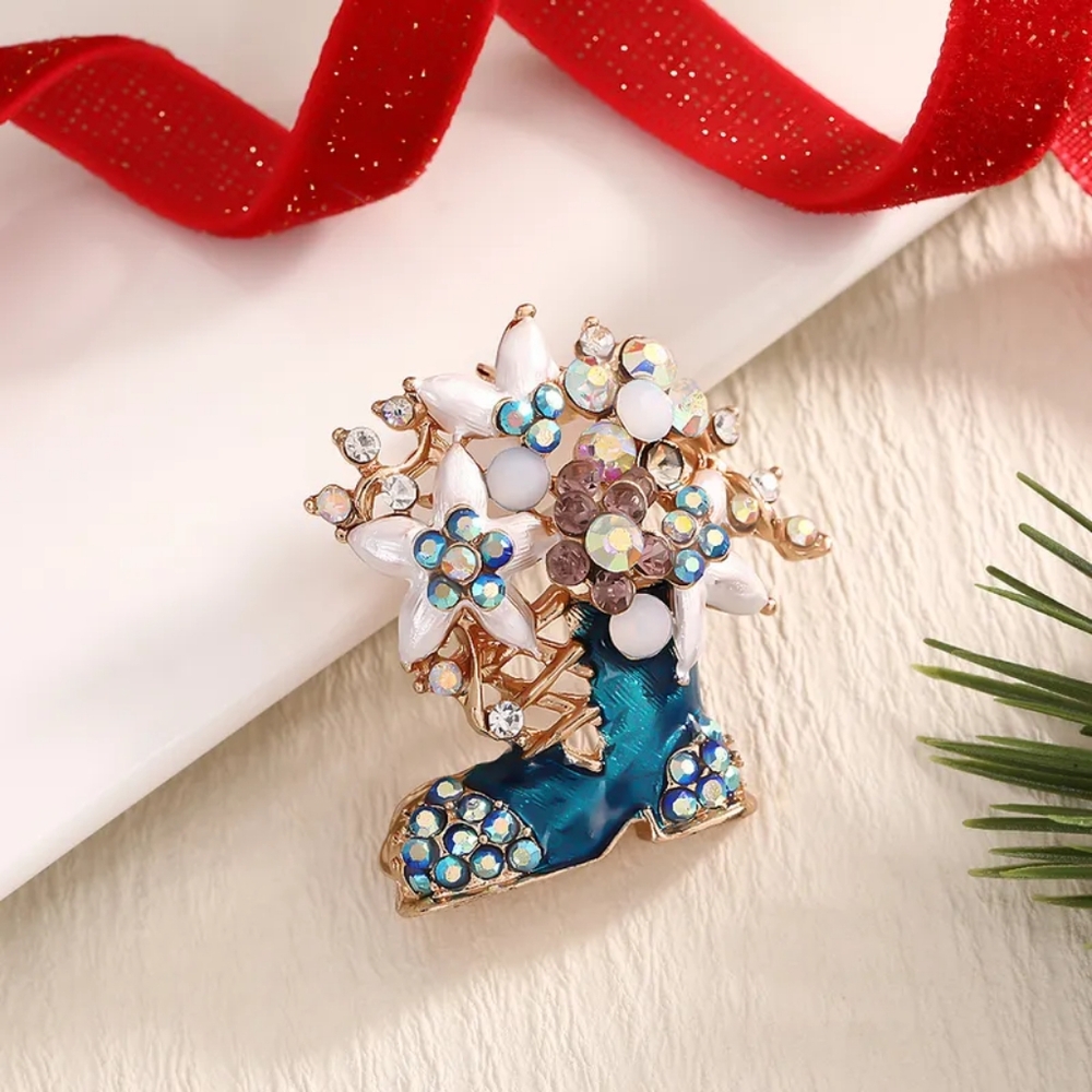 Festive Holiday Boot Brooch White Flowers AB Rhinestones